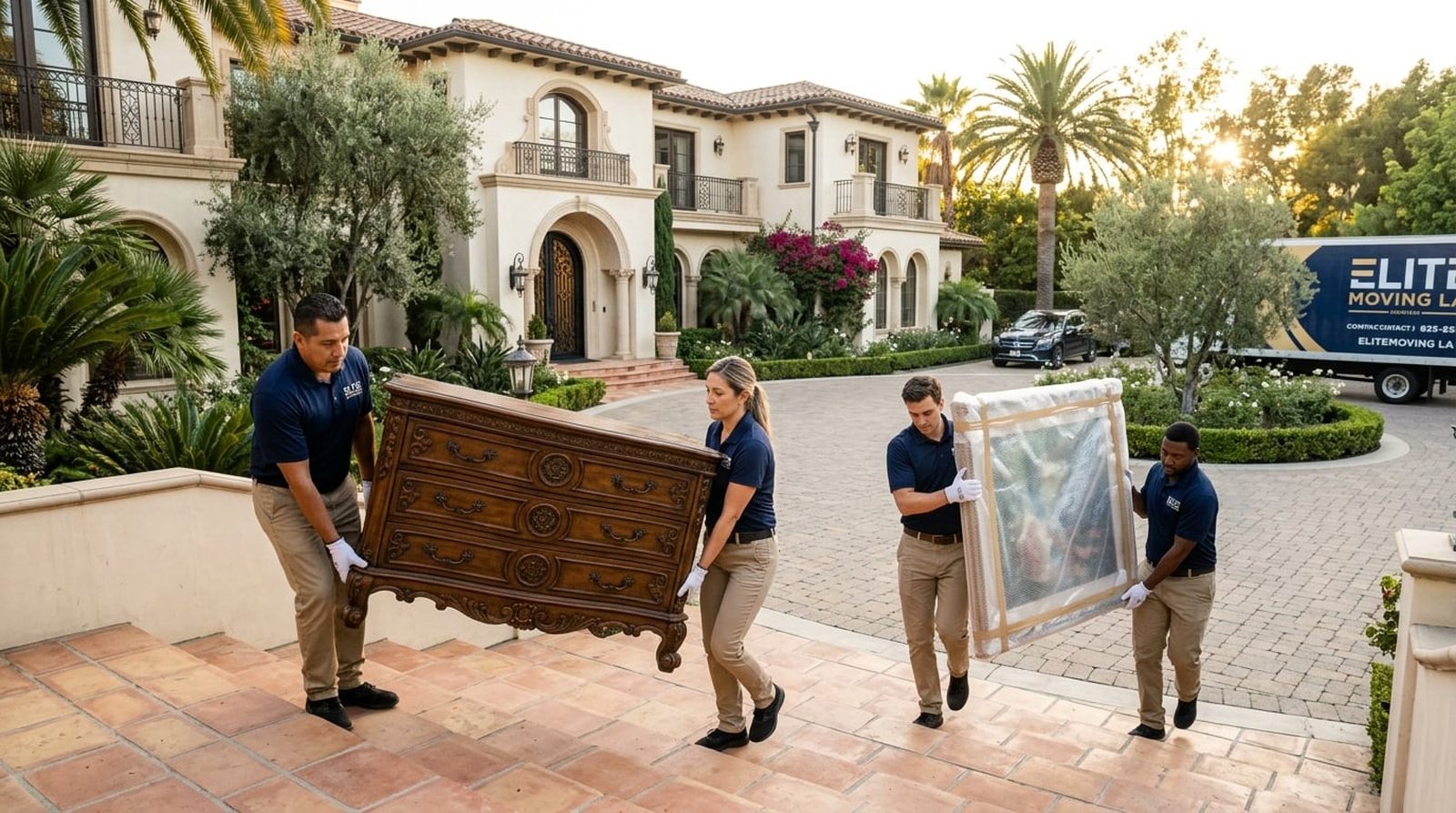 Stratton and Sons movers in navy uniforms carefully carrying an antique dresser and wrapped artwork out of an elegant Los Angeles luxury estate