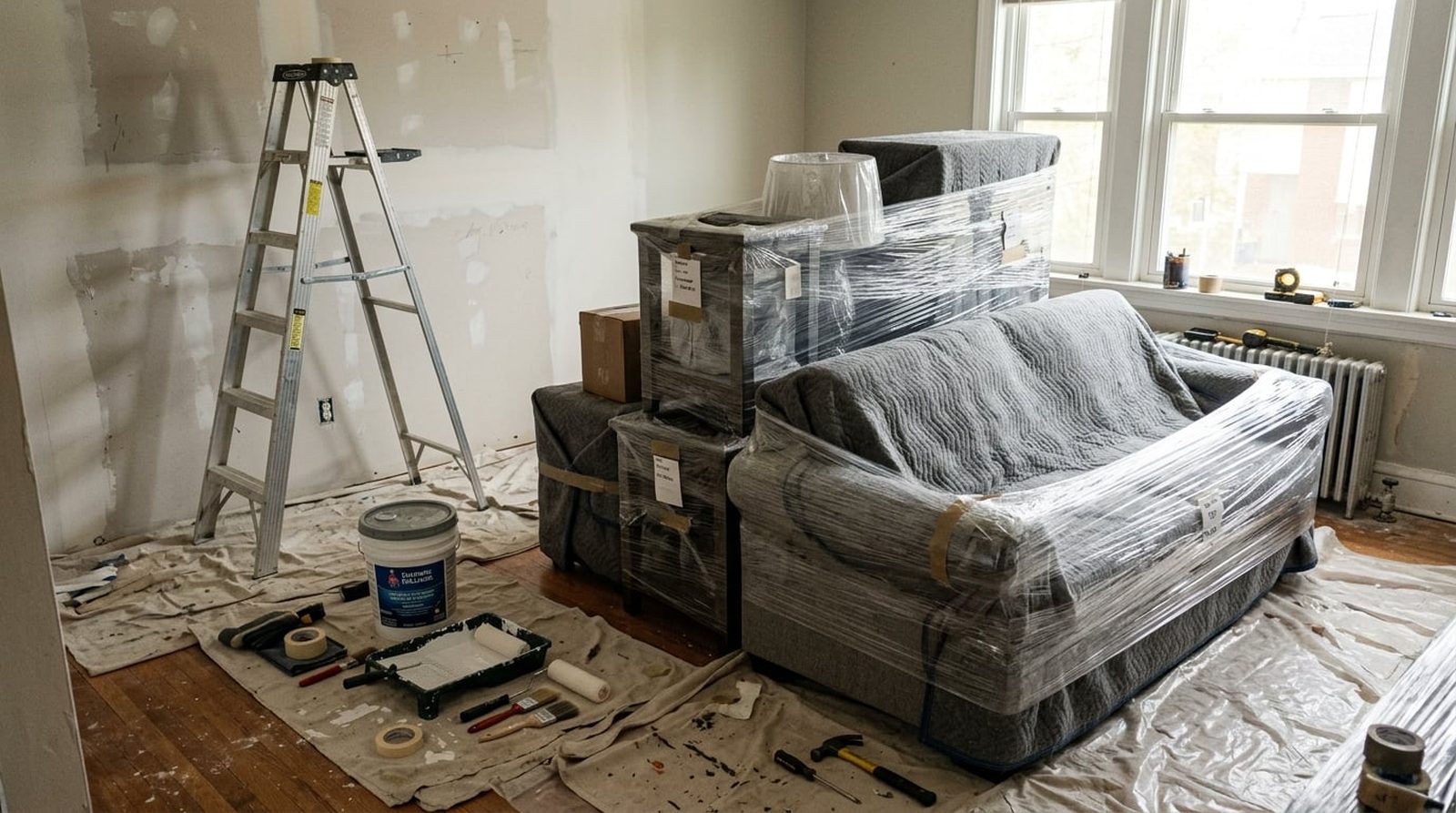 Household furniture carefully wrapped in moving blankets and stretch wrap, neatly protected inside a Los Angeles home that is mid-renovation