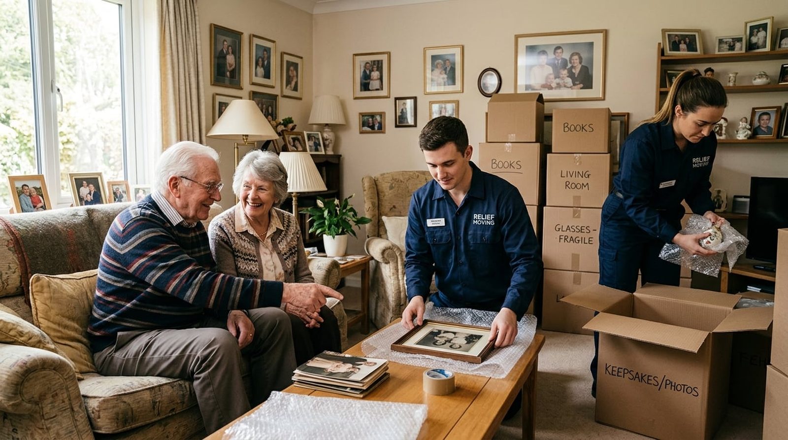 Stratton and Sons movers in navy uniforms patiently helping a senior couple pack family keepsakes in a warm, comfortable living room